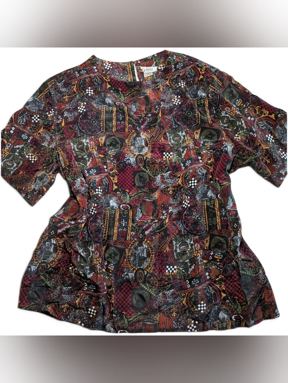 Vintage Caviar Patchwork Blouse 2X Whimsigoth Art to Wear Short Sleeve Tunic Top